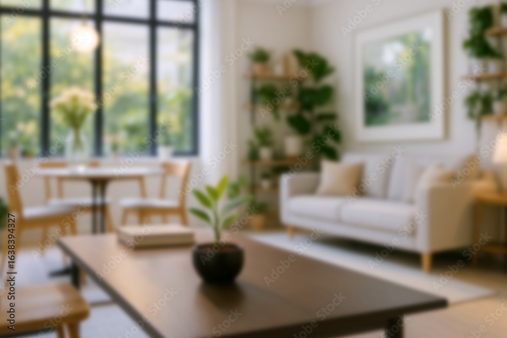 Fototapeta premium Blurred view of modern living room with sofa and soft bench. room interior with couch, armchair and coffee table or shelving units. stylish living room. comfortable workplace near big window.