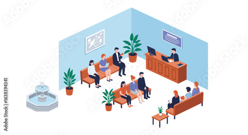 Stylized vector illustration depicting a vibrant courthouse waiting area isometric view