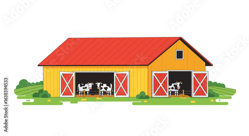 Stylized Flat Vector Illustration of Cowshed on Farm Against White Background