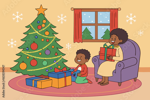Happy cartoon family with children decorating a festive Christmas tree with gifts and presents