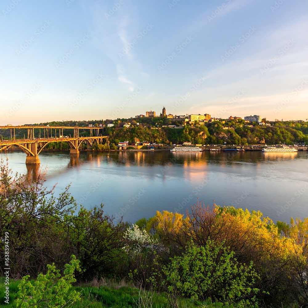 Naklejka premium Panoramic View of Cityscape with Bridge over Tranquil River at Sunset, Ukraine