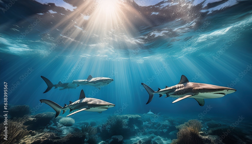 Fototapeta premium four sharks swim gracefully under crystal clear waters with light rays piercing the surface creating an awe inspiring underwater scene