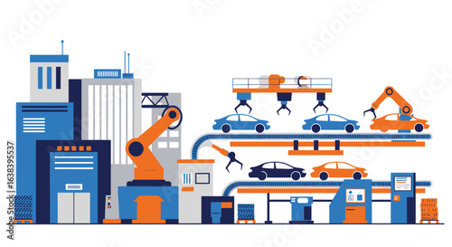 Automated car manufacturing plant illustration, showcasing advanced robotics