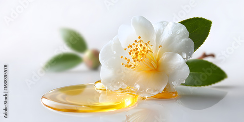 Camellia oil displayed on a white background, highlighting the purity and richness of camellia oil, perfect for beauty and wellness applications. The benefits of camellia oil shine in this image.