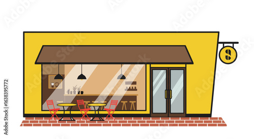 Stylish flat vector illustration showcasing a vibrant urban coffee shop building