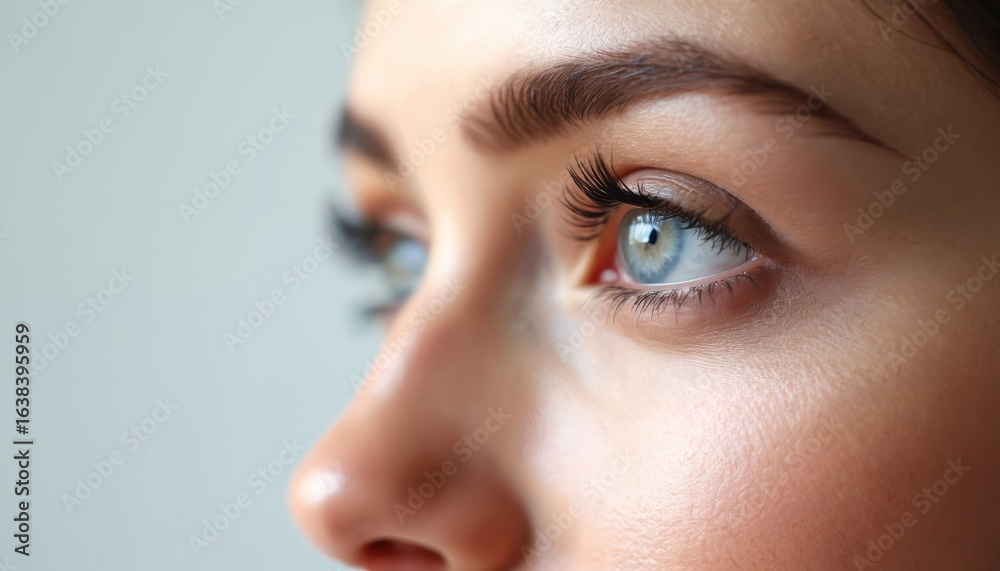 Obraz premium Close-up of woman eye area illustrating blepharoplasty concept. Arrows show planned surgery for skin tightening, lifting. Focus on rejuvenation, correction of eyelids, wrinkles, bags for improved