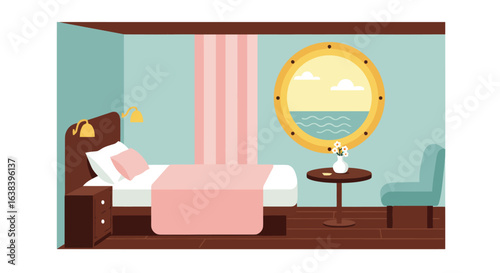 Flat vector illustration of a cruise ship cabin with bed and porthole view