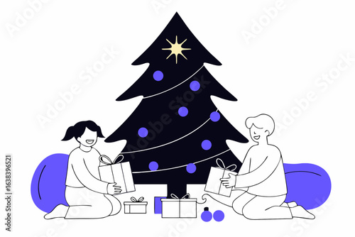 A fun winter holiday celebration with a snowman, gifts, and a Christmas tree
