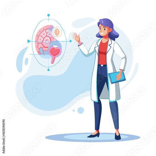 Female doctor illustrating human organs on futuristic invisible holographic screen, medical innovation, healthcare technology concept, vector illustration on white background