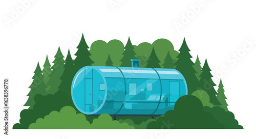 Modern capsule home design nestled within a lush forest illustration