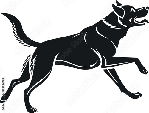 Black and white Border Collie dog running, a silhouette illustration of a domestic pet
