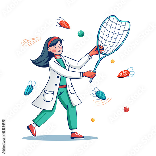 Creative vector illustration of female doctor catching falling pills in a net, healthcare medication safety concept, clean white background design