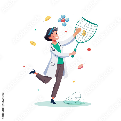 Creative vector illustration of female doctor catching falling pills in a net, healthcare medication safety concept, clean white background design