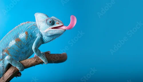 Fototapeta banner with funny blue chameleon with extended pink tongue while hunting against blue background