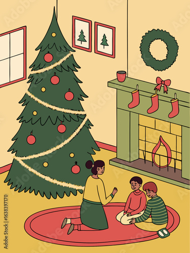 Family celebration with children around a festive winter Christmas tree, receiving gifts and presents