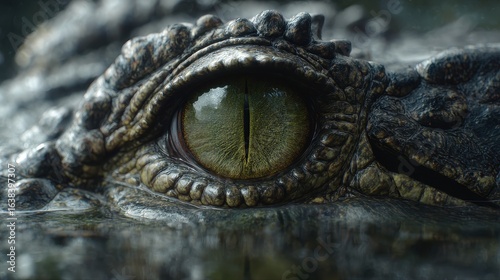 Close-up crocodile eye, swamp water, reptile texture, wildlife documentary