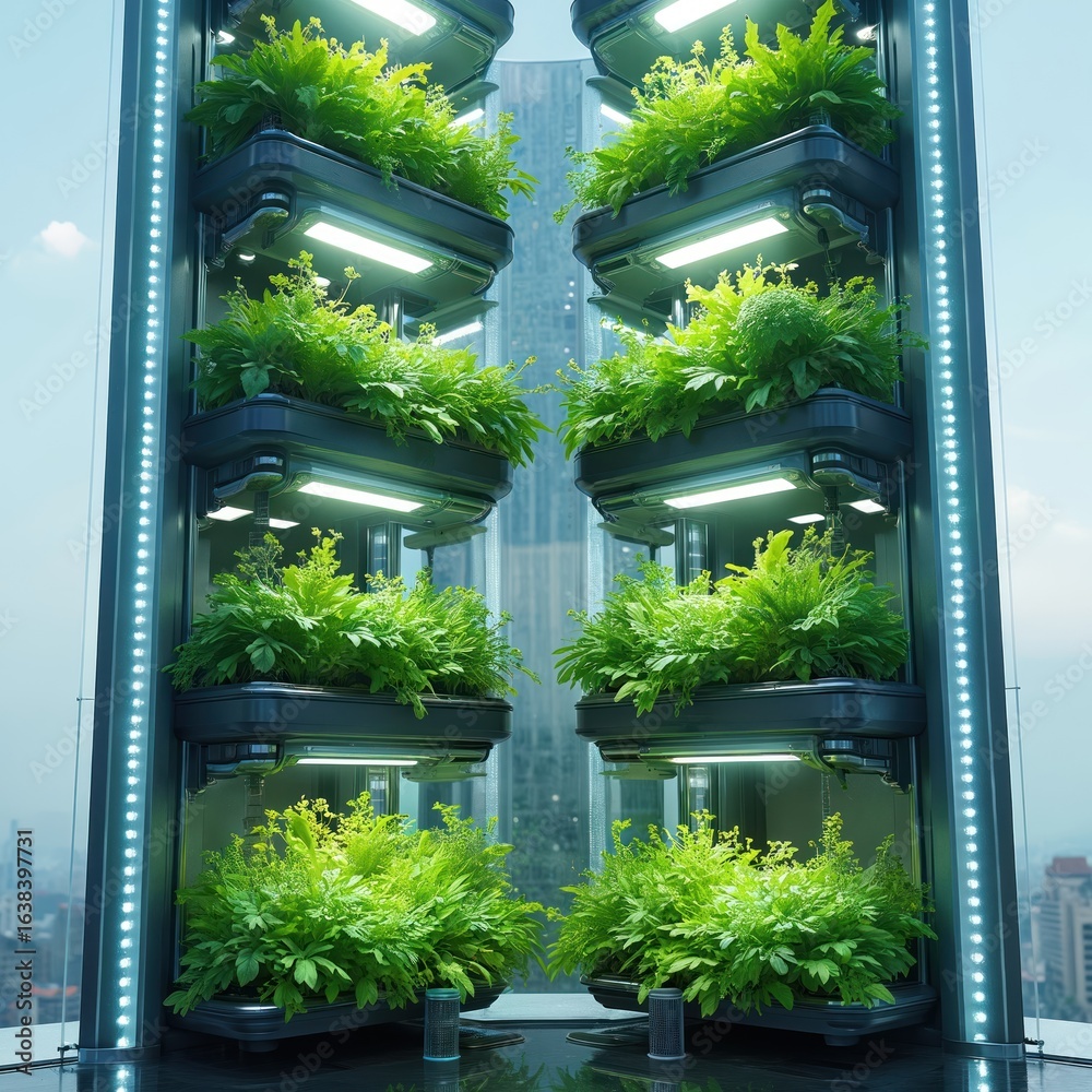 Fototapeta premium AI-operated urban farm inside skyscraper showcases vertical agriculture technology with vivid colors and white accent. Rich green plants grow in stacked hydroponic modules under bright LED lights.