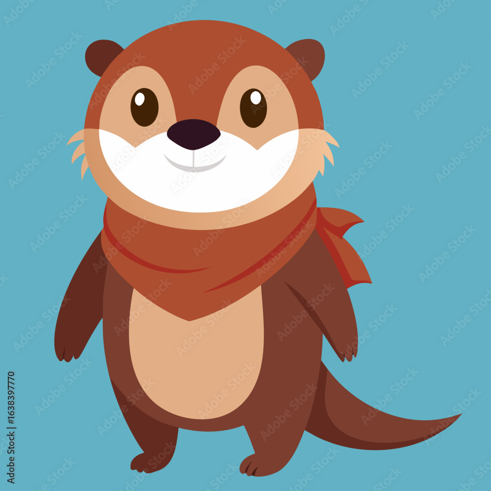 Obraz premium A cute cartoon otter wearing a red scarf stands happily against a simple blue background