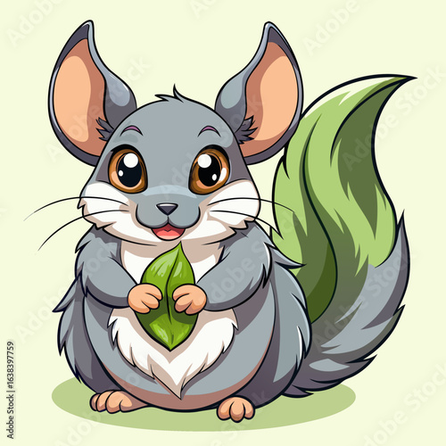 Adorable cartoon chinchilla with large ears holding a green leaf and a fluffy tail against a pale yellow background