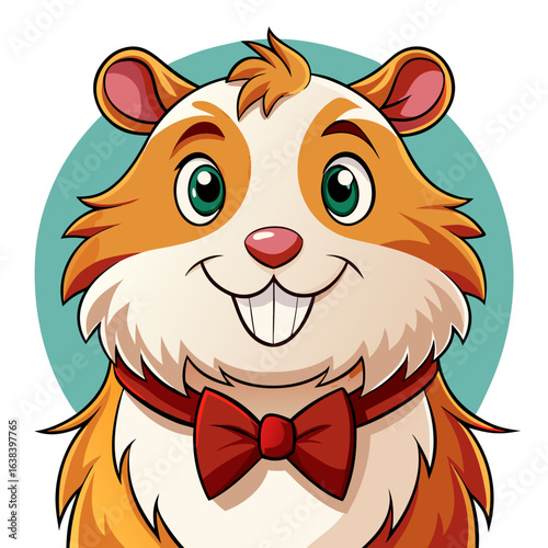 Adorable cartoon hamster with big green eyes and a red bowtie smiling brightly against a teal circle background