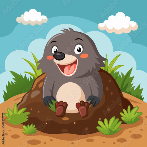 A cheerful cartoon mole emerges from its earthy mound smiling widely under a bright blue sky with fluffy clouds