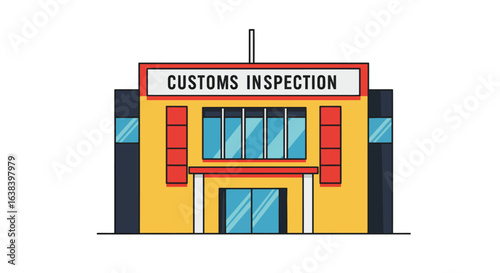 Stylized flat vector of a vibrant customs inspection building, bright facade