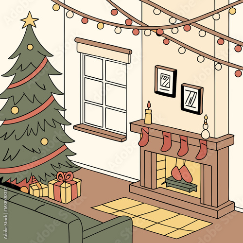 A cartoon illustration of a cozy Christmas tree with gifts inside a house, seen through a window