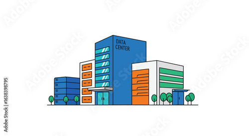 Stylized flat vector illustration of a data center building on white background
