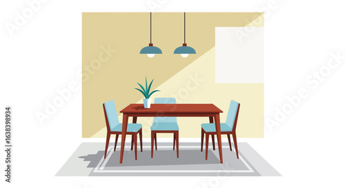 Stylized vector illustration: A modern dining room with table chairs and light fixtures