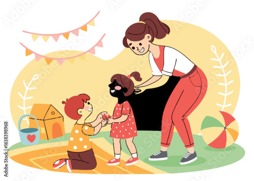Cartoon illustration of a mother, son, and daughter playing together on the beach