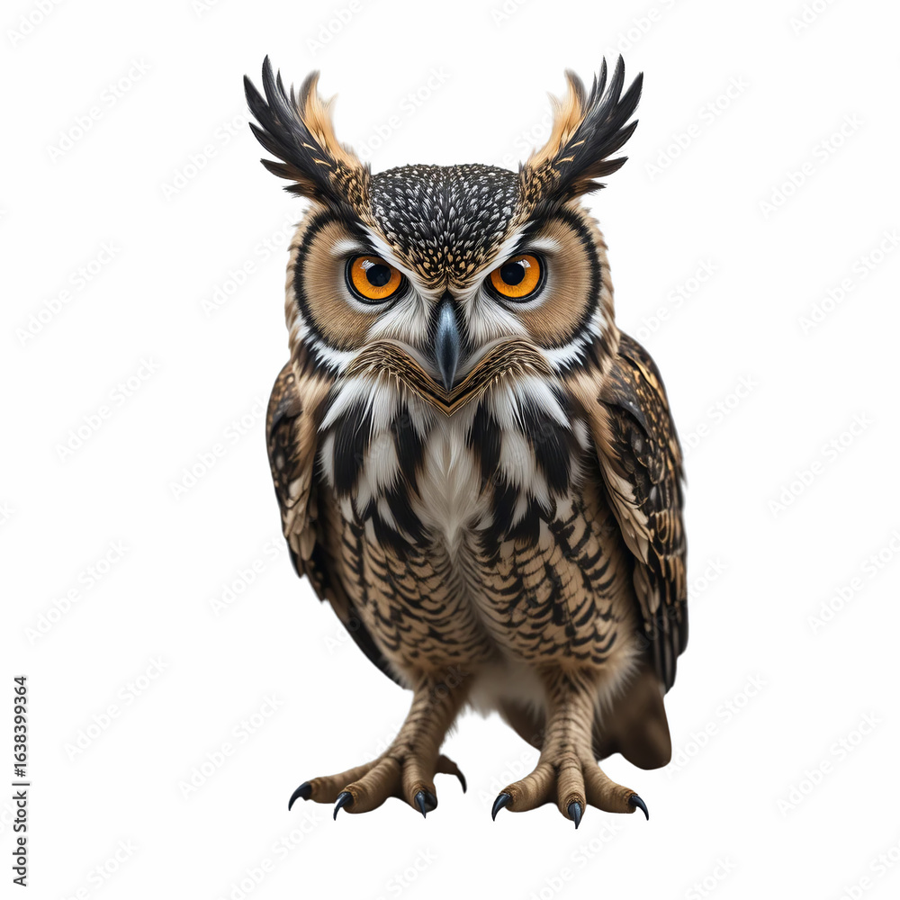 Naklejka premium Close Up Portrait Of A Brown And Black Owl With Bright Orange Eyes Isolated Transparent Background