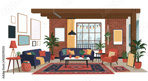 Vibrant urban loft interior with a stylish bohemian design and colorful accents