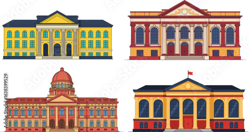 Vibrant vector illustrations showcasing diverse architectural styles of bank buildings