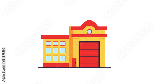 Stylized flat vector illustration of a cheerful fire department building