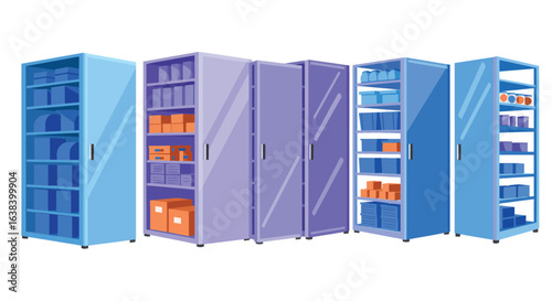 Stylized vector illustration of cold storage room with metal racks design