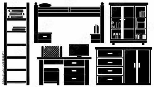 Illustration of a bedroom setup with bunk bed desk bookcase and dresser in black and white style silhouette