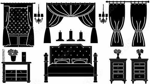 Illustration of a bedroom interior with a bed curtains nightstands and various decorative elements silhouette