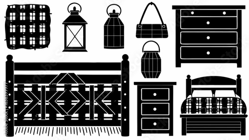 Illustration of bedroom furniture including beds, nightstands, dressers, and lanterns in black silhouette