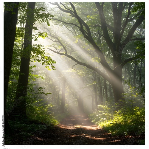 Sunlight filtering through trees illuminating a forest path. The image captures the tranquil beauty of nature's light