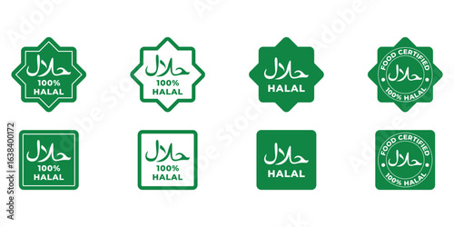 Collection of Green Halal Certified Food Labels: Various Shapes and Styles, 100% Halal Arabic Script.