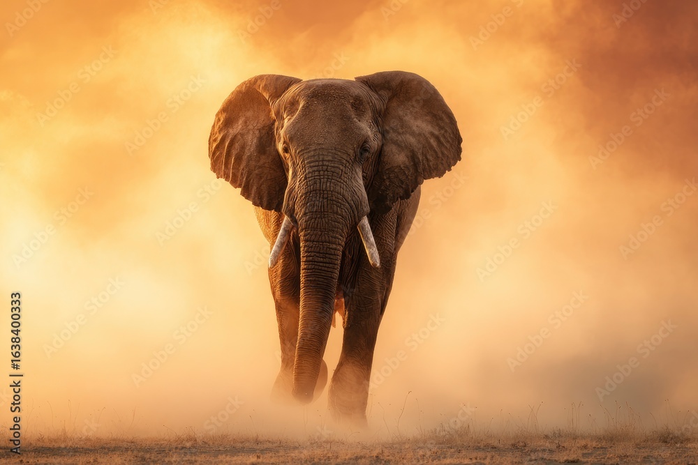 Obraz premium Elephant strides amidst dust front view large ears extended ivory tusks visible amber haze background