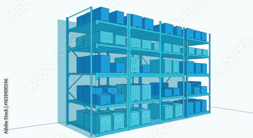 Blue metal shelves filled with blue storage boxes against a white background