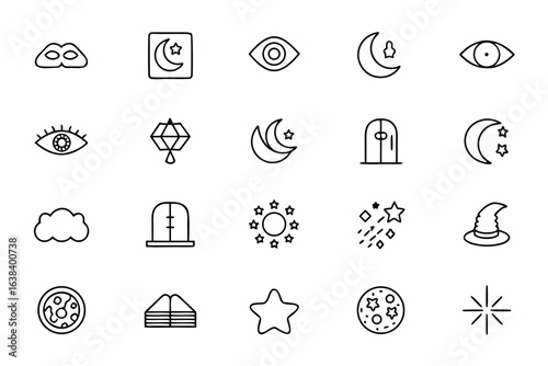 A futuristic and mystical icon set depicting the art of lucid dreaming and the subconscious mind — ideal for self-help courses, sleep research infographics, and creative visualization tools