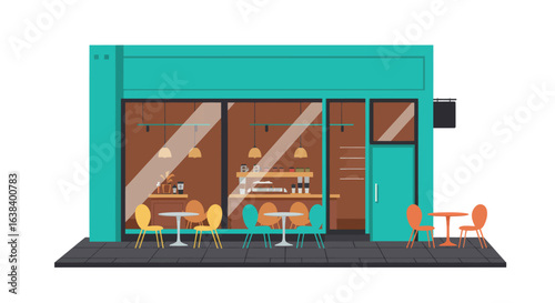 Stylized flat vector illustration of a vibrant coffee shop building with seating