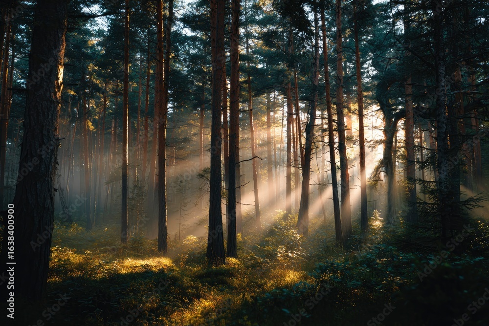 Fototapeta premium Forest scene with sunbeams filtering through tall trees illuminating the undergrowth