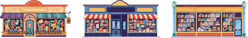 Stylized flat vector illustration showcasing vibrant and inviting bookstores