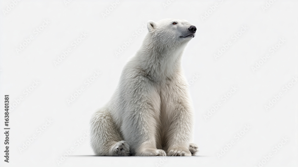 Fototapeta premium A white polar bear sits looking up against a clean white background white bear arctic animal