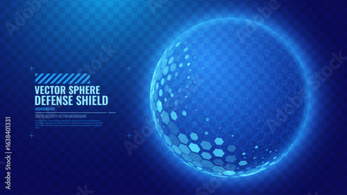 Geometric Dome Shield on a Dark Background. Futuristic Glowing Protection 3D Sphere. Technology Style HUD Design Element. Hexagon Force Field Shield. Vector Illustration. Digital Security Concept.