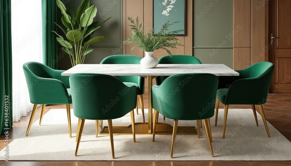 Fototapeta premium Elegant dining room features plush green upholstered chairs around modern marble table. Stylish decor with ample green plants creates bright, inviting ambience. Space combines contemporary furniture