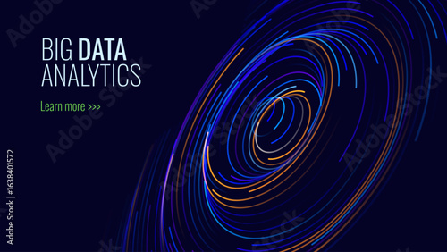 Fintech Big Data Visualization. Abstract Digital Circles of Particles. Futuristic Circular Sound Wave. 3D Virtual Space VR Cyberspace. Crypto Currency Blockchain Concept. Vector Illustration.